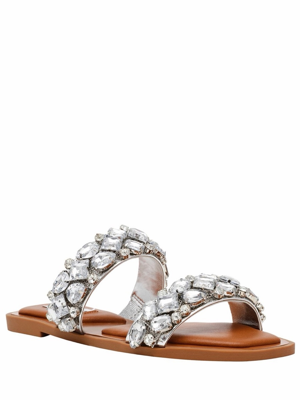 Steve Madden Crystal-Embellished Tan Slide Sandals